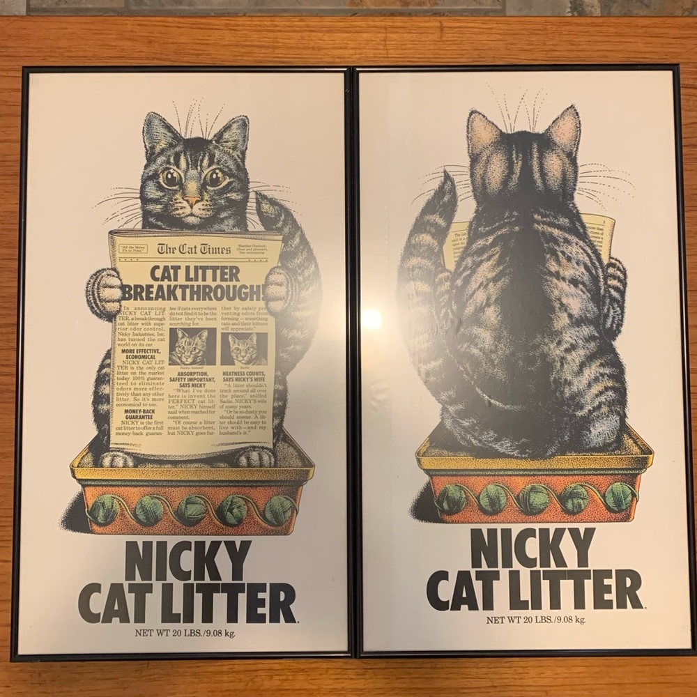 Set of Nicky Cat Litter framed posters.